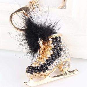 Black & Gold Crystal Ice Skate with Pom Pom Keychain Charm